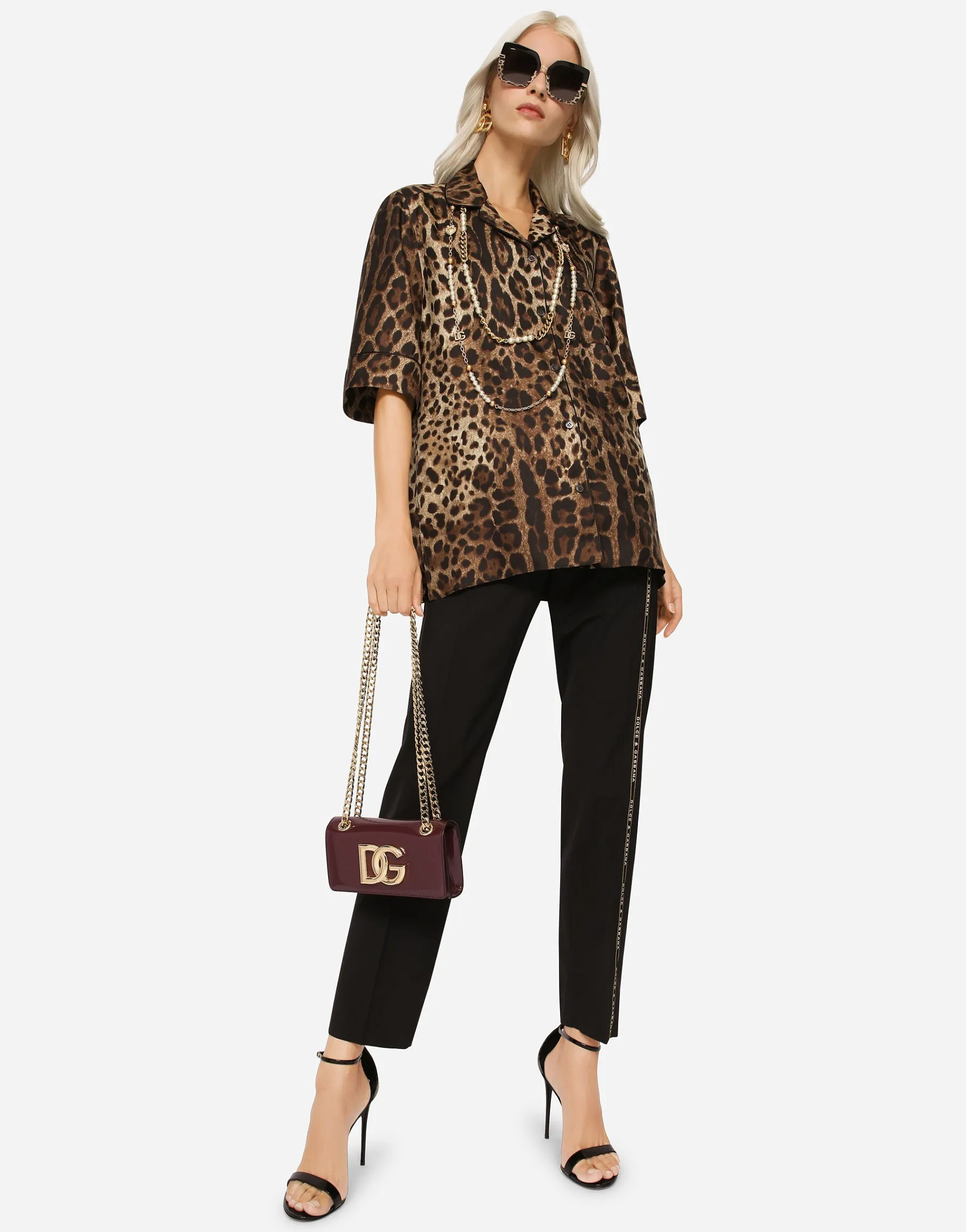 Leopard-print twill shirt with piping