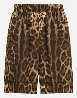 Leopard-print twill shorts with piping