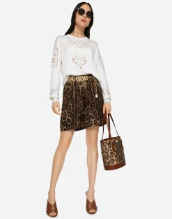 Leopard-print twill shorts with piping