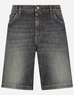 Light blue wash stretch denim shorts
