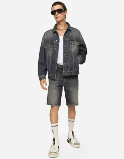 Light blue wash stretch denim shorts