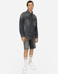 Light blue wash stretch denim shorts