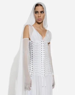 Long chiffon dress with corset details