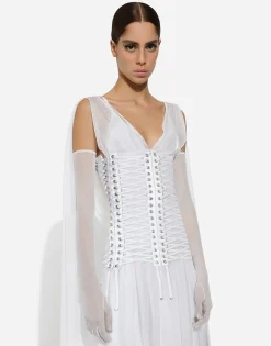 Long chiffon dress with corset details