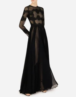 Long chiffon dress with lace details