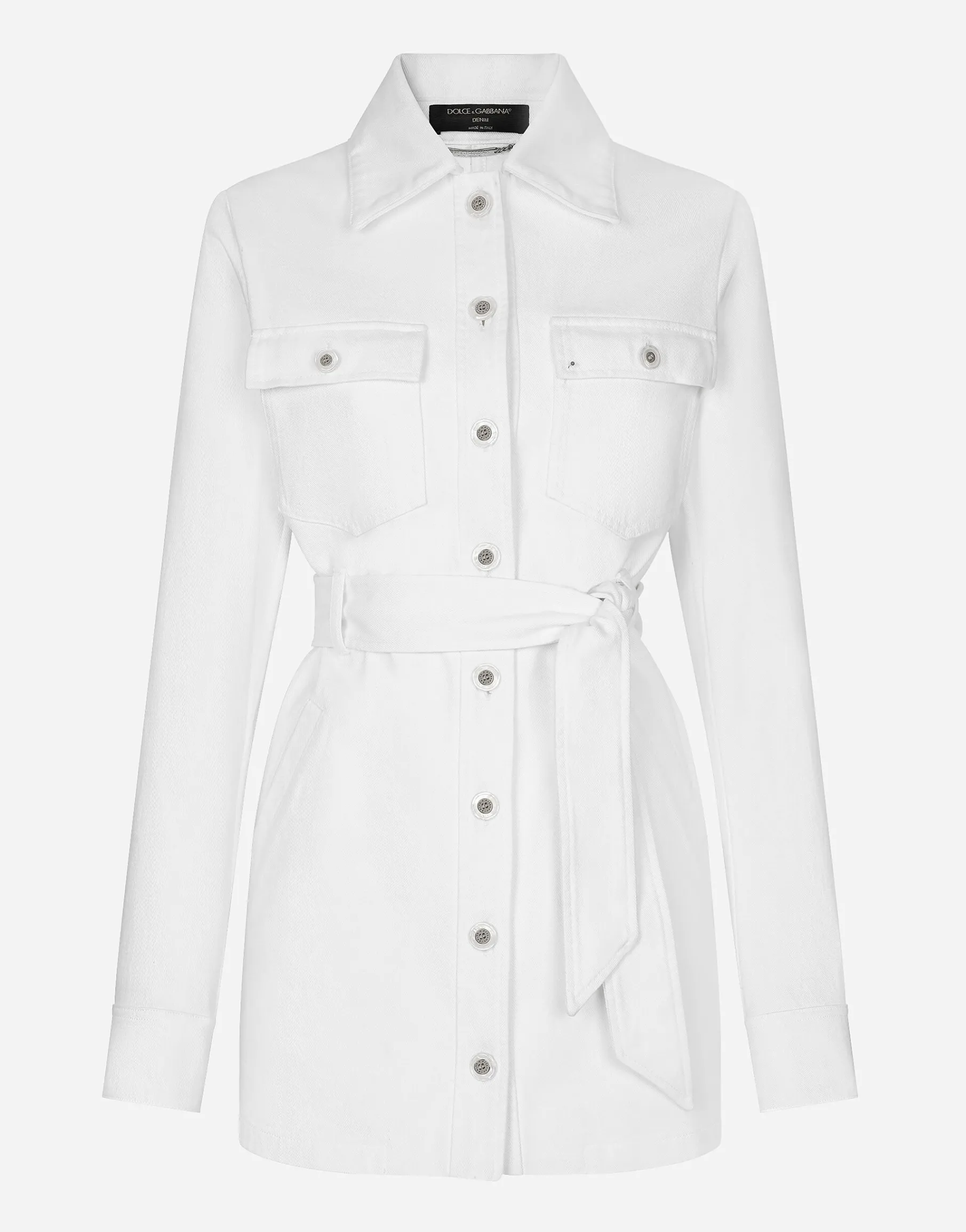 Long denim jacket with belt