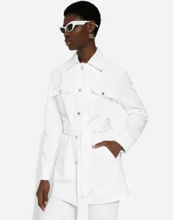 Long denim jacket with belt