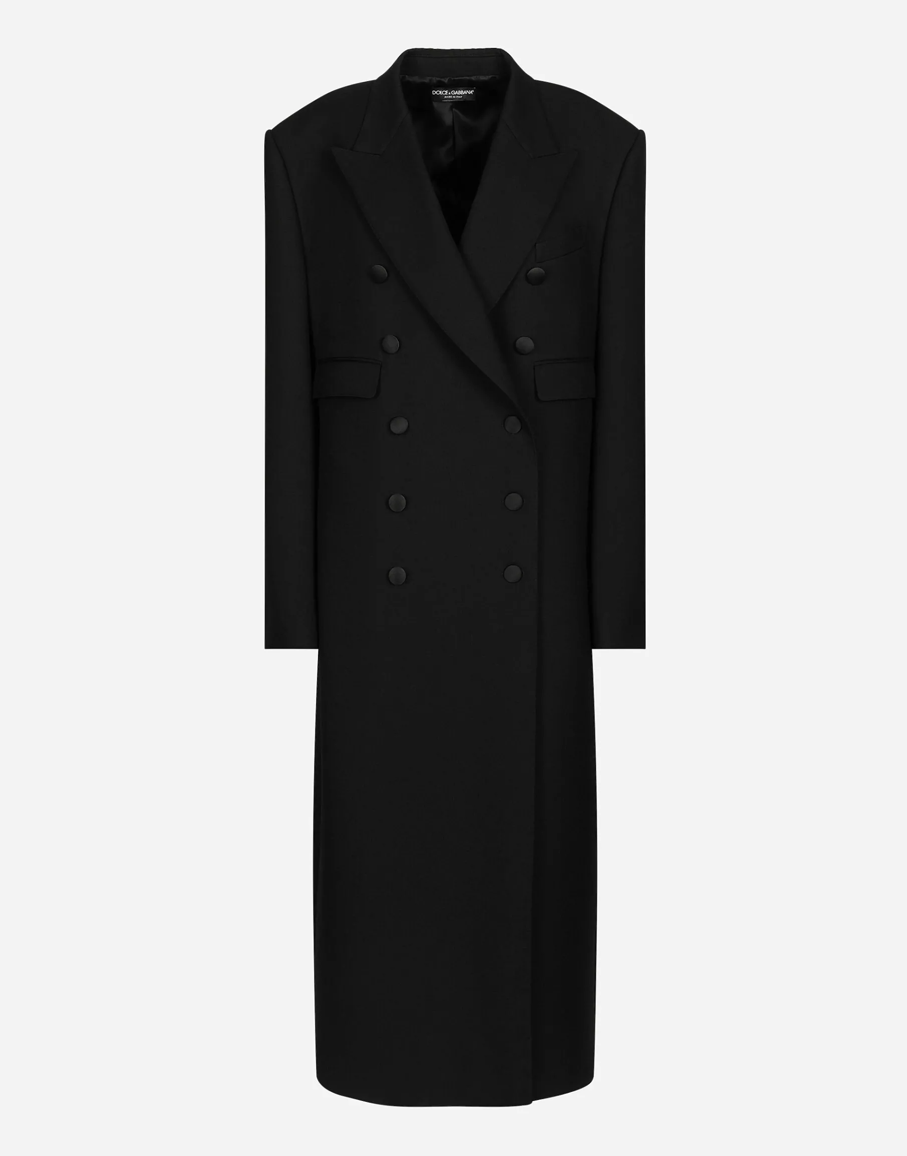 Long double-breasted tuxedo coat in double wool gabardine