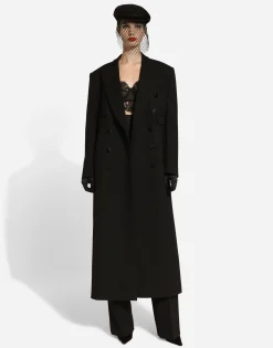 Long double-breasted tuxedo coat in double wool gabardine