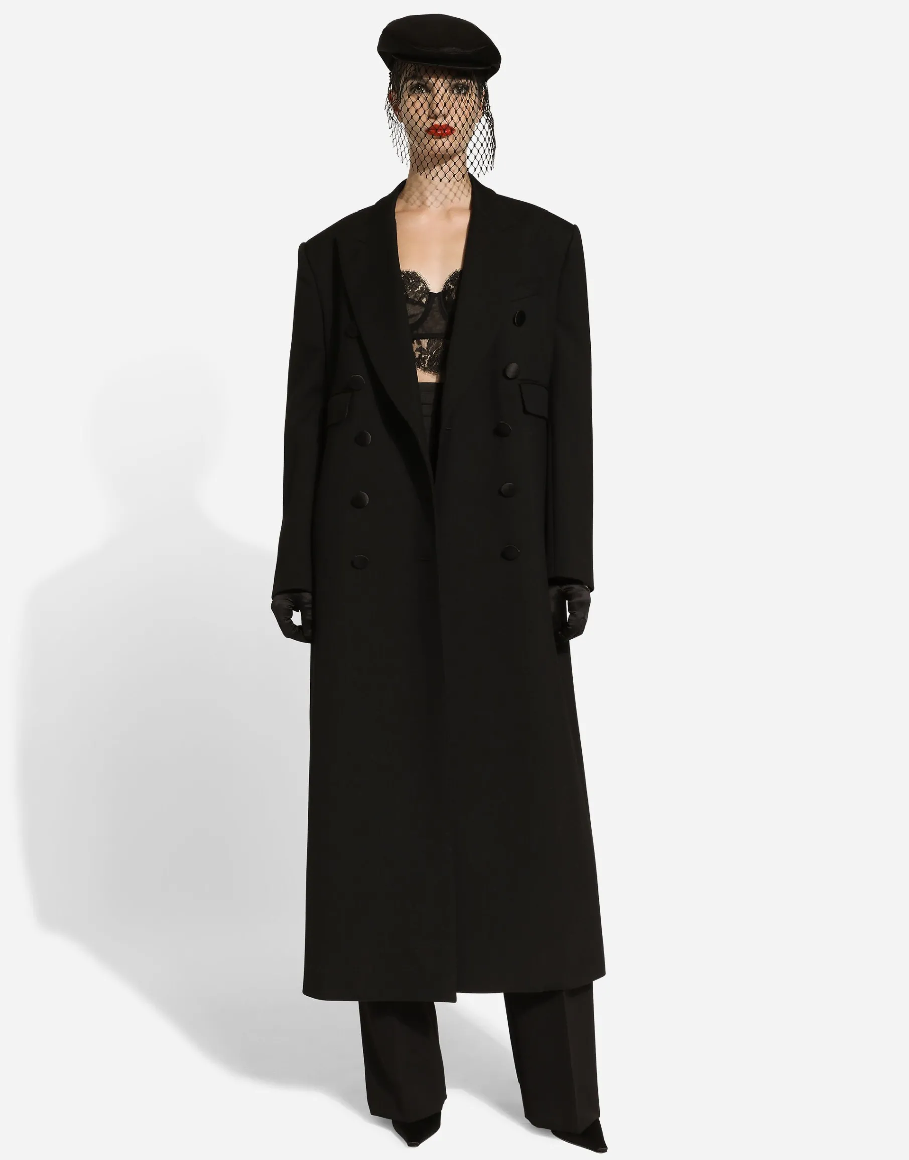 Long double-breasted tuxedo coat in double wool gabardine