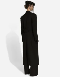 Long double-breasted tuxedo coat in double wool gabardine