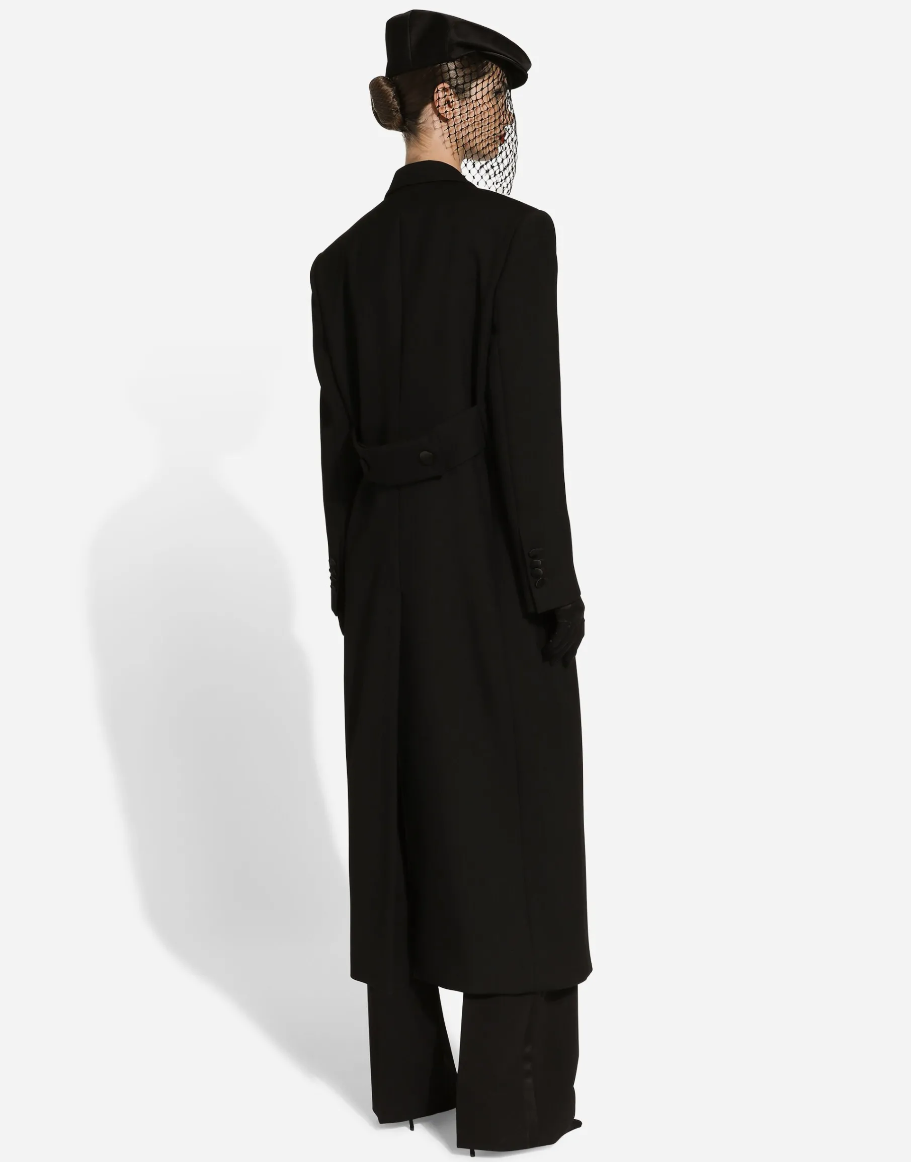 Long double-breasted tuxedo coat in double wool gabardine