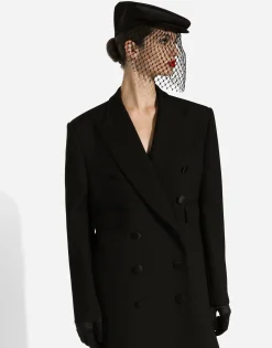 Long double-breasted tuxedo coat in double wool gabardine