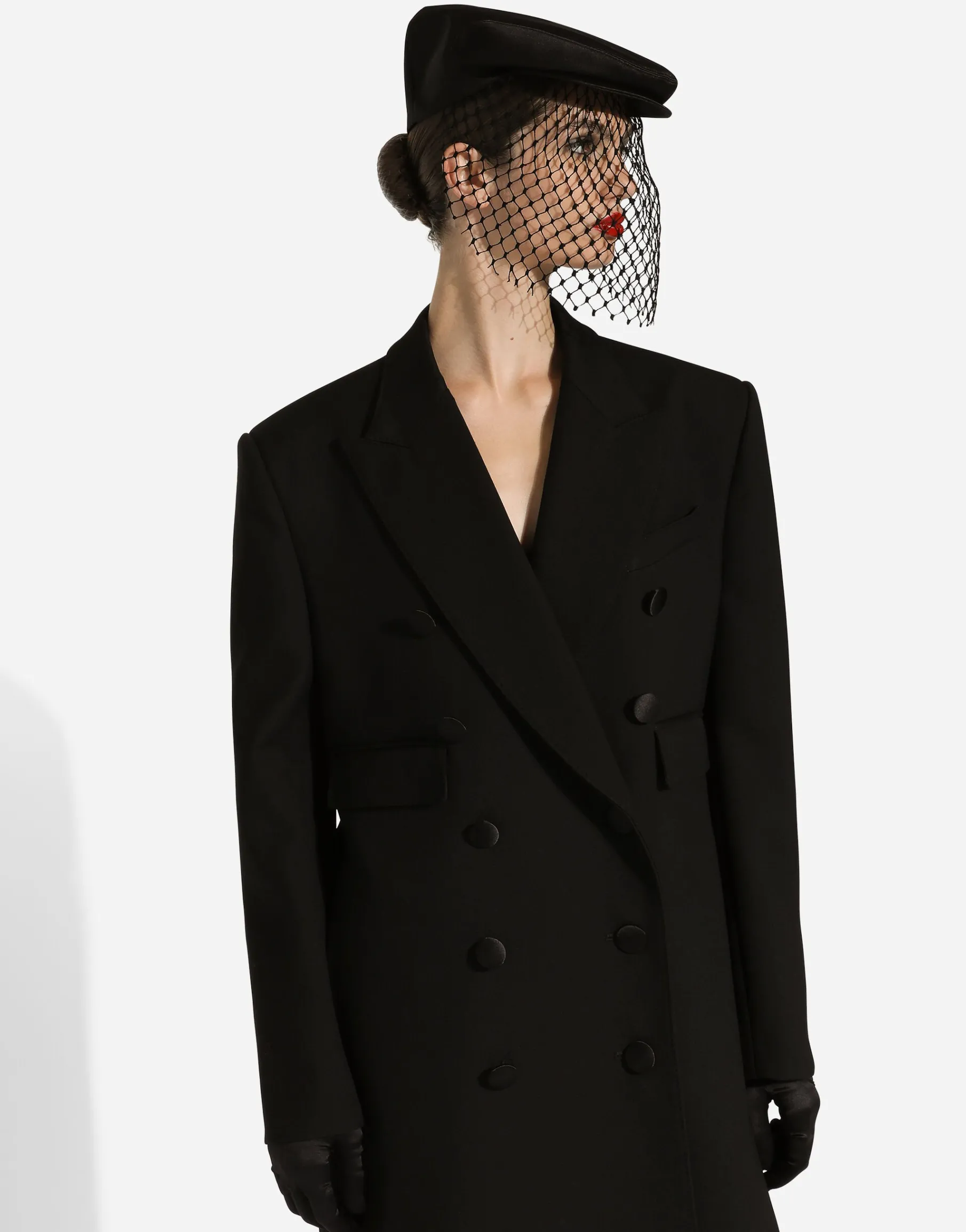 Long double-breasted tuxedo coat in double wool gabardine