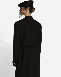 Long double-breasted tuxedo coat in double wool gabardine