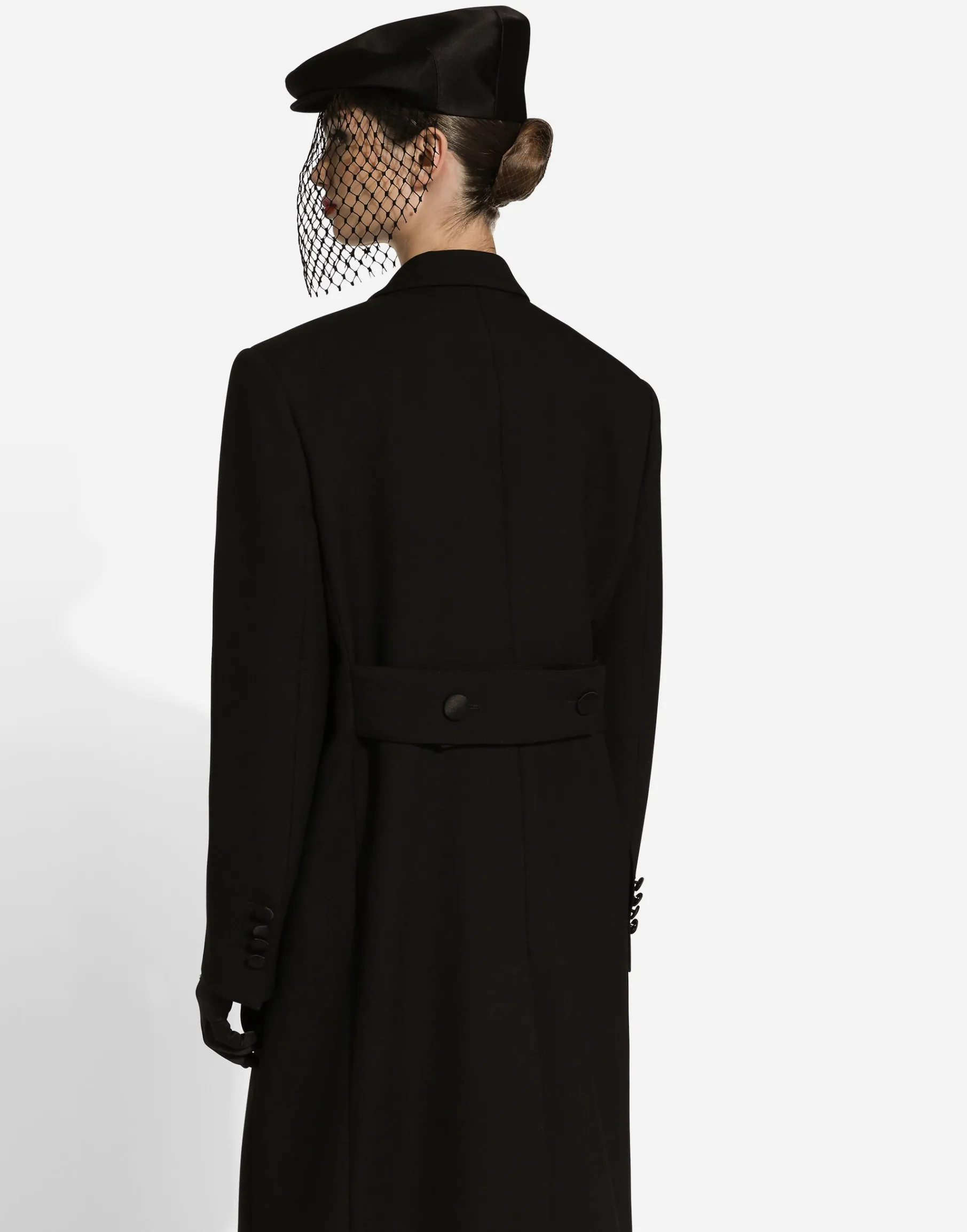 Long double-breasted tuxedo coat in double wool gabardine
