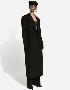 Long double-breasted tuxedo coat in double wool gabardine