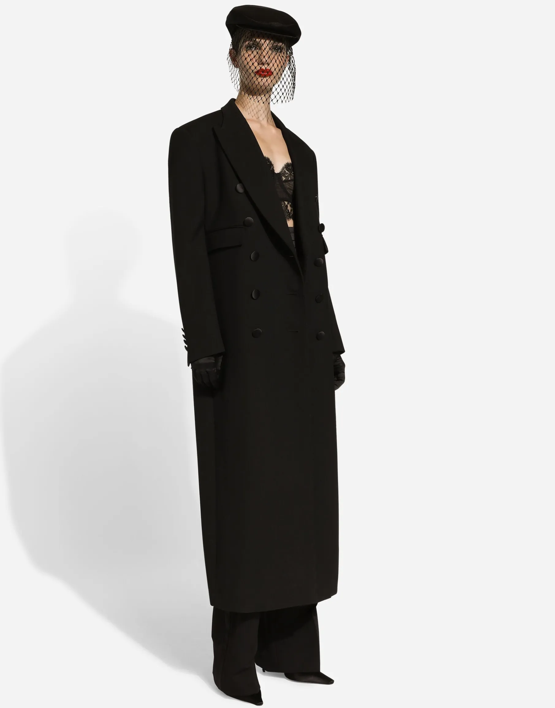 Long double-breasted tuxedo coat in double wool gabardine