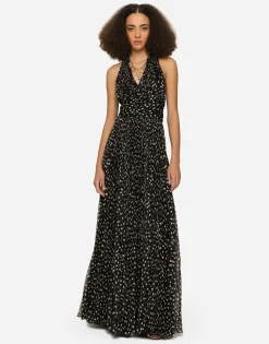Long dress in polka-dot print chiffon