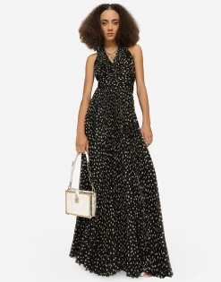 Long dress in polka-dot print chiffon