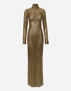 Long dress with all-over rhinestone embellishment on tulle