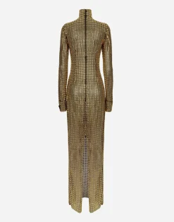 Long dress with all-over rhinestone embellishment on tulle