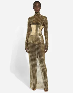 Long dress with all-over rhinestone embellishment on tulle