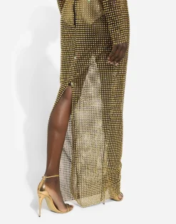 Long dress with all-over rhinestone embellishment on tulle