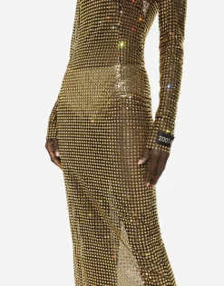Long dress with all-over rhinestone embellishment on tulle