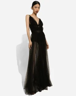 Long flocked lurex tulle dress