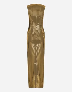 Long foiled satin corset dress
