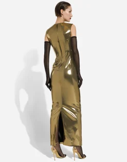 Long foiled satin corset dress