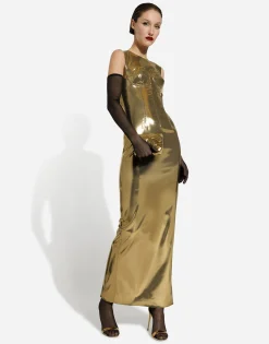 Long foiled satin corset dress