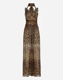 Long leopard-print chiffon dress