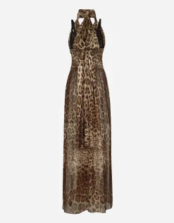 Long leopard-print chiffon dress