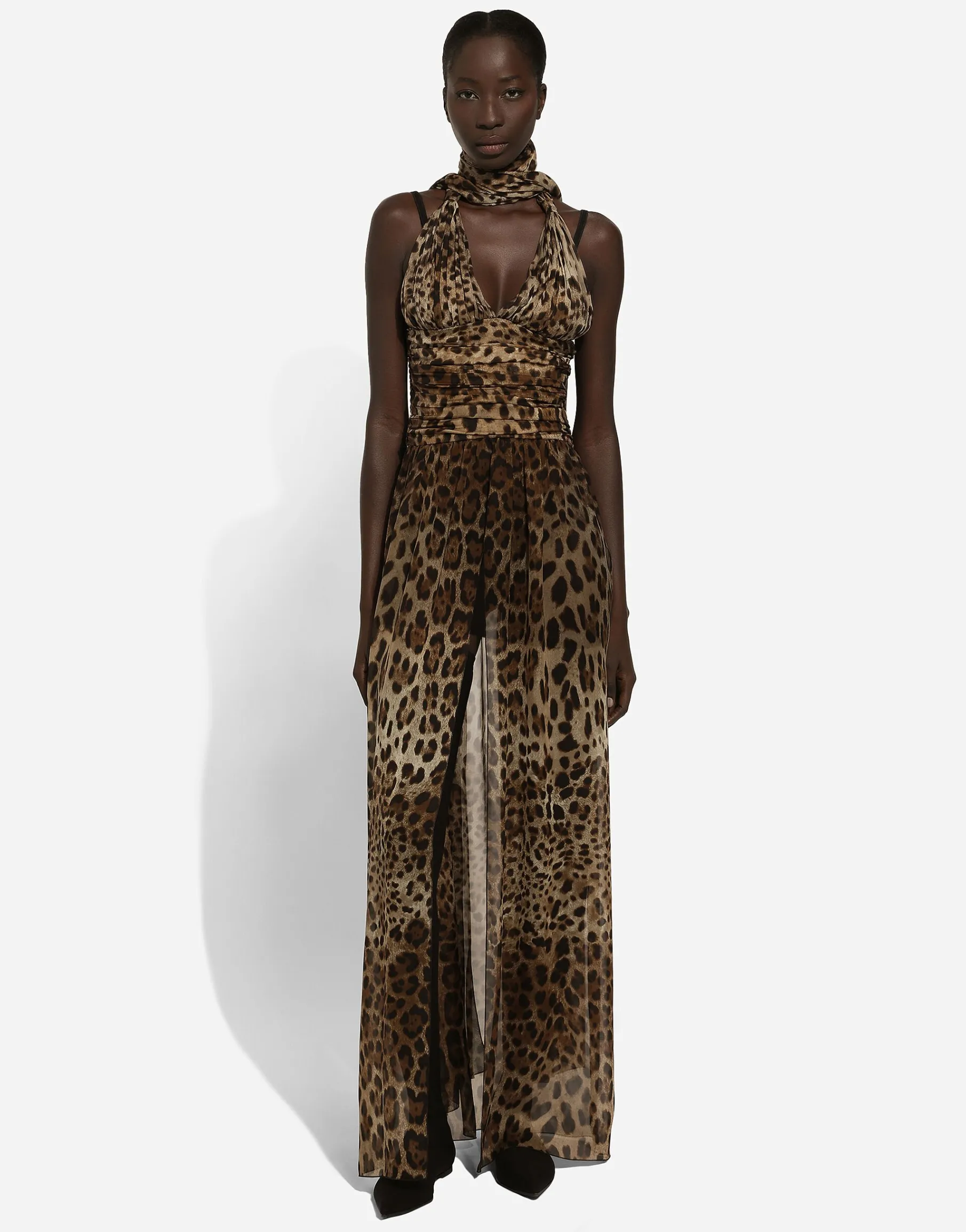 Long leopard-print chiffon dress