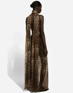 Long leopard-print chiffon dress