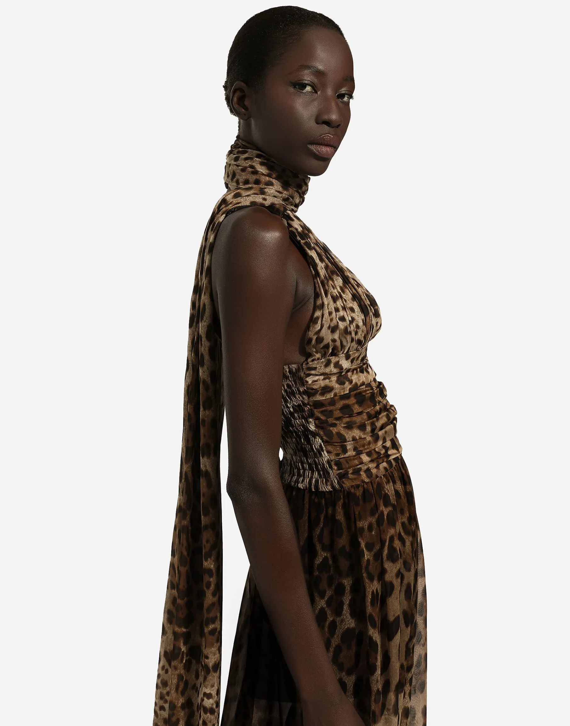Long leopard-print chiffon dress