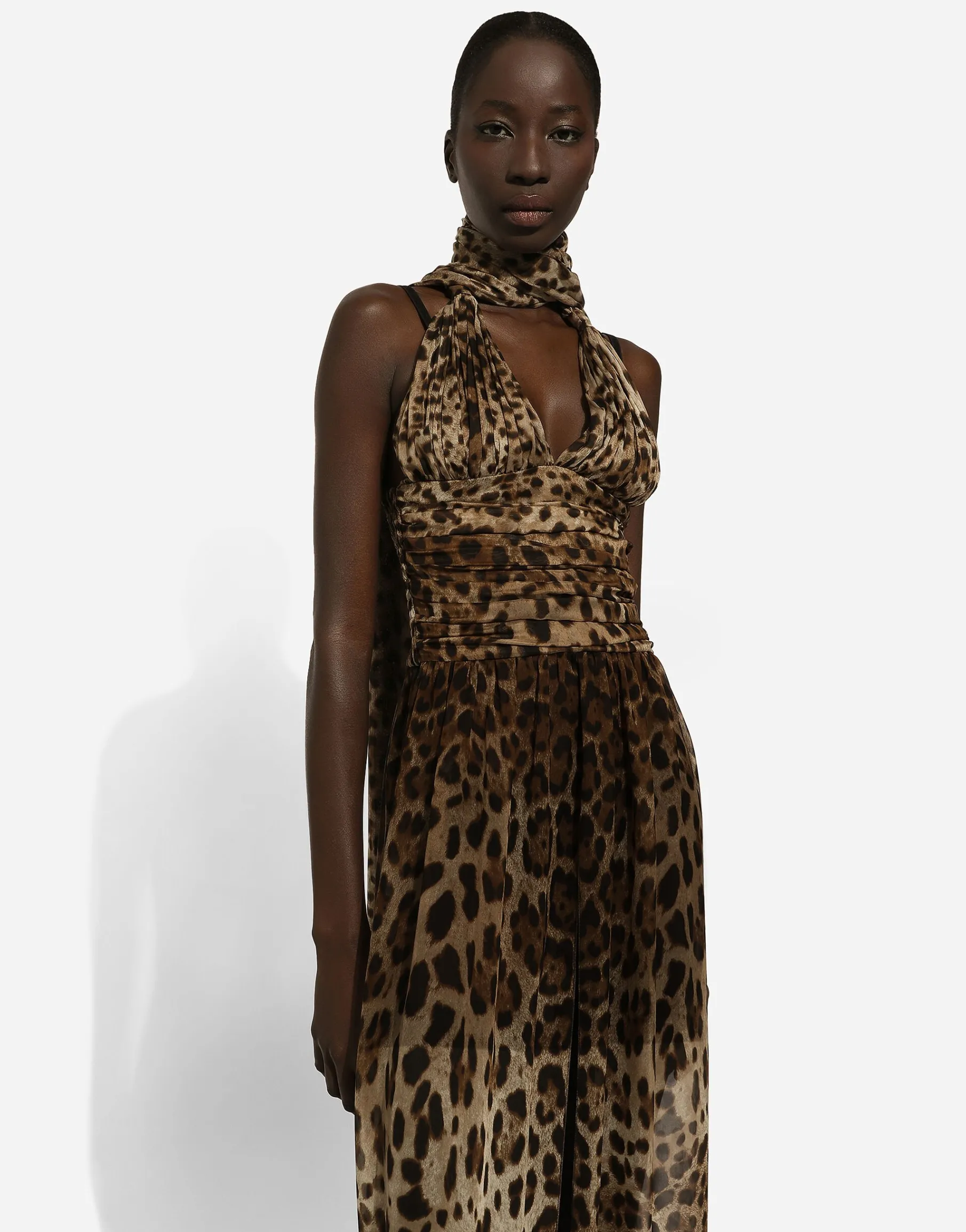 Long leopard-print chiffon dress
