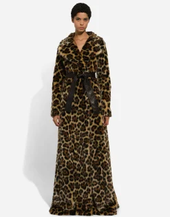 Long leopard-print faux fur coat