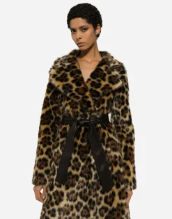Long leopard-print faux fur coat