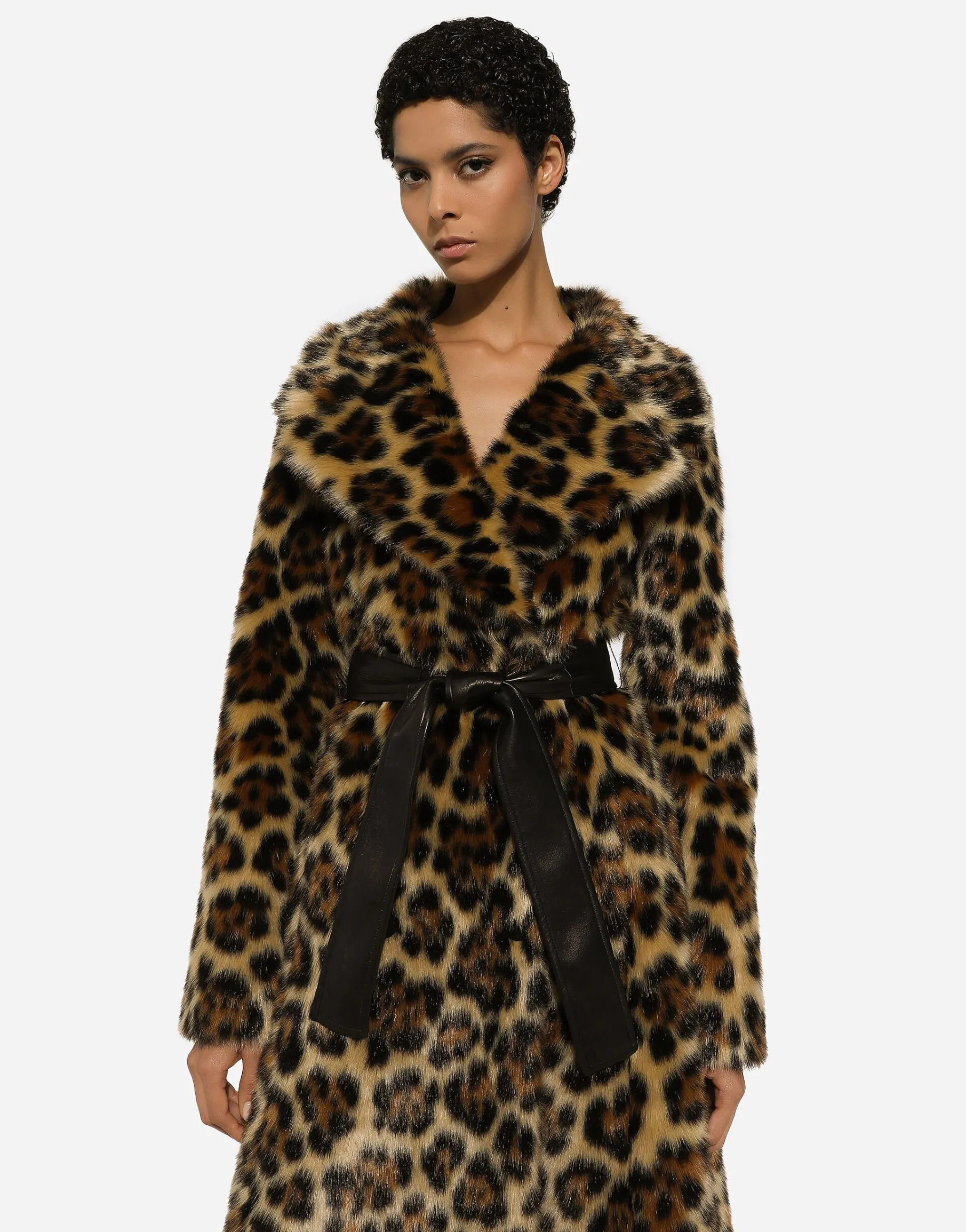 Long leopard-print faux fur coat