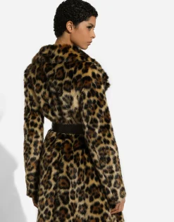 Long leopard-print faux fur coat