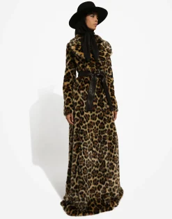 Long leopard-print faux fur coat