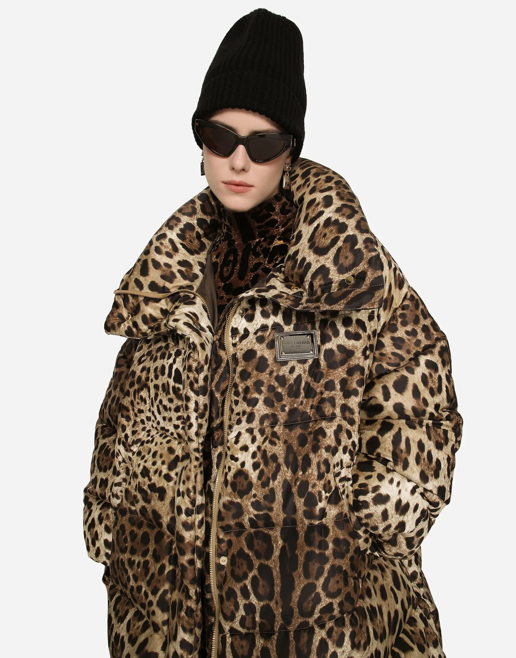 Long leopard-print nylon jacket