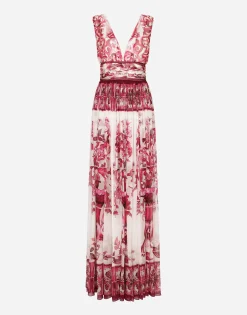 Long Majolica-print chiffon dress