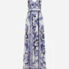 Long majolica-print chiffon dress
