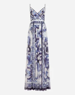 Long majolica-print chiffon dress