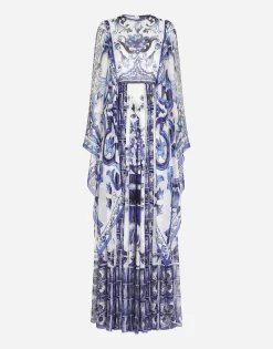 Long majolica-print chiffon dress