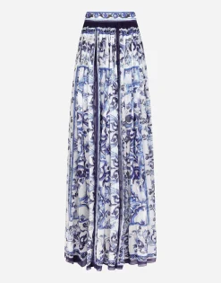 Long majolica-print chiffon skirt